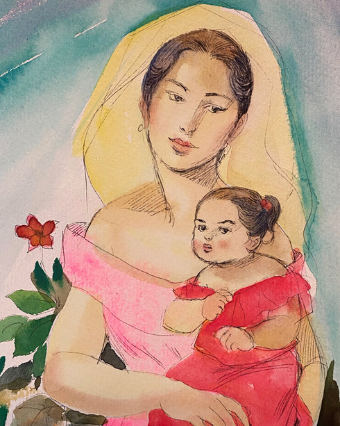 JOSEPH VILLAMAR, "MOTHER AND CHILD", WATERCOLOR ON PAPER, 10 X 7.5 INCHES