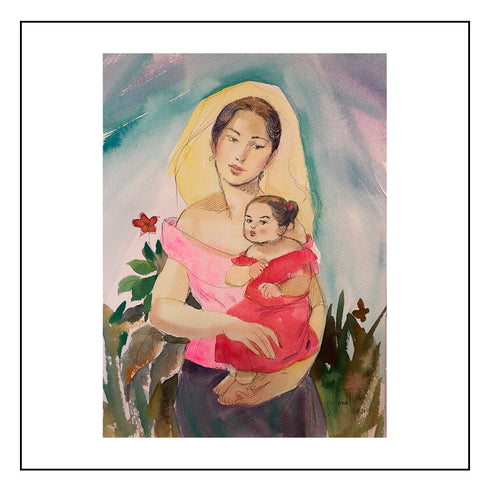 JOSEPH VILLAMAR, "MOTHER AND CHILD", WATERCOLOR ON PAPER, 10 X 7.5 INCHES